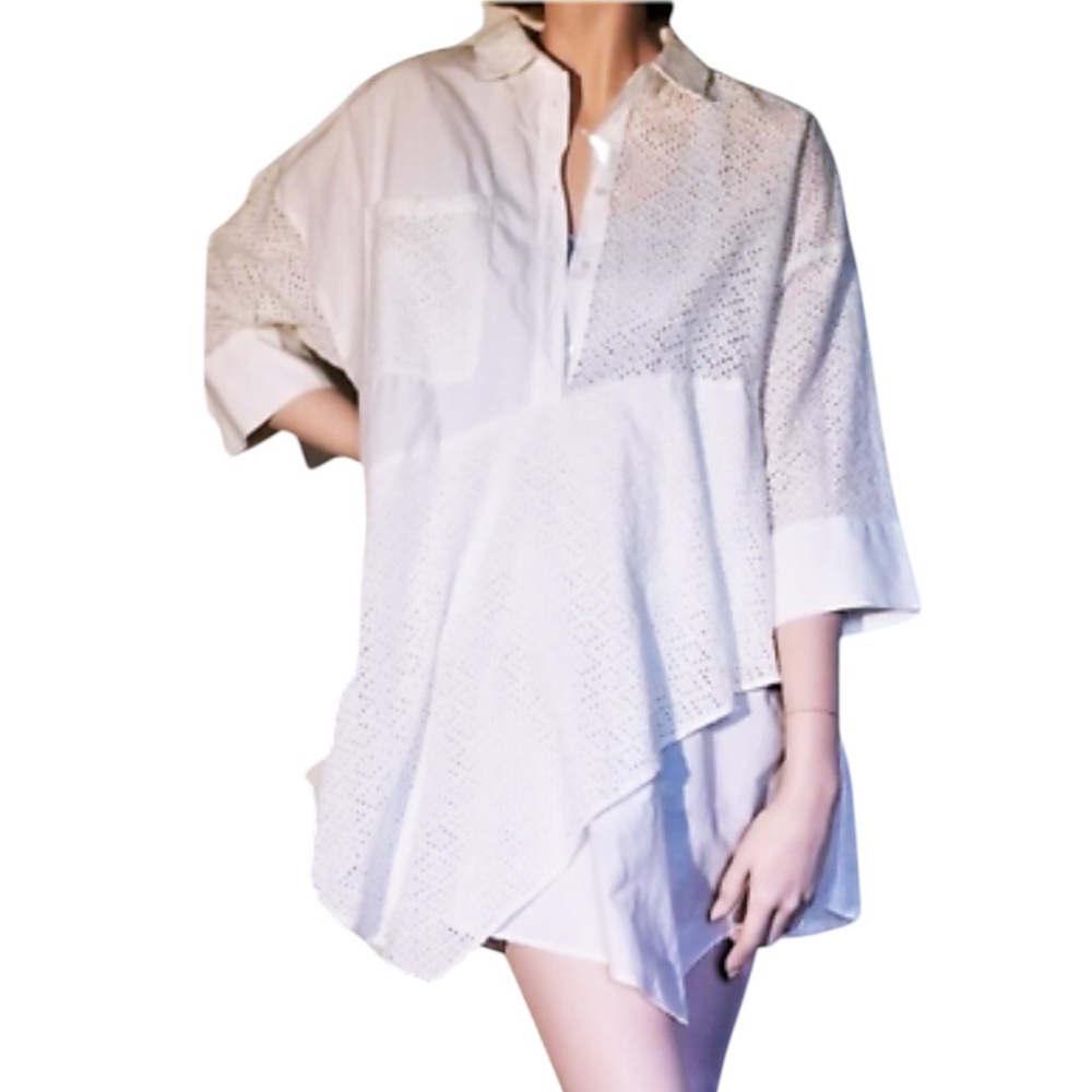 Women's White Eyelet Button-Down Tunic Shirt